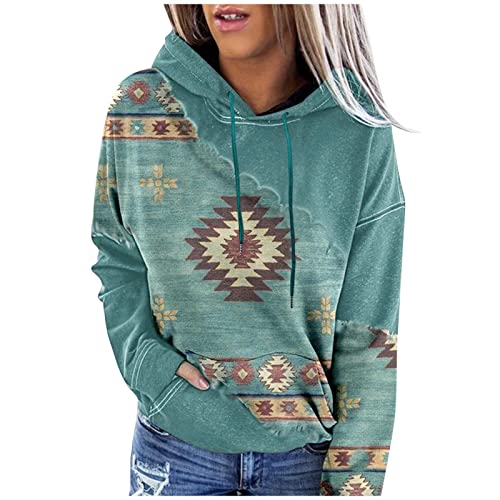 Womens Western Hoodies Pullover Long Sleeve Horse Aztec Sweatshirt Ethnic  Vintage Casual Hooded Tops with Pocket Ab25 Green Small