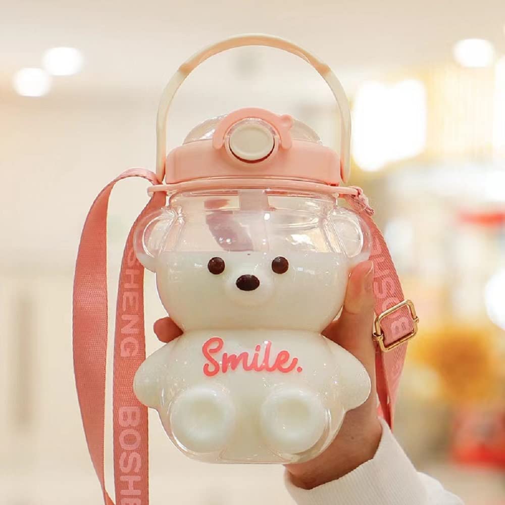 Cute Bear Water Bottle with Straw Handle & Adjustable Strap 1000ml Pink