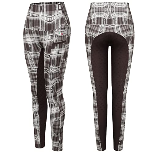 MakyeAme Women's Horse Riding Pants Full Seat Silicone Grip Riding Training  Tights Equestrian Breeches with Size Pockets Coffee Plaid Medium