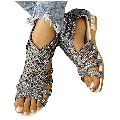 ENVEZ Summer Sandals for Women Bohemian Crystal Back Zipper Wedge Sandals  Breathable Open Toe Walking Shoes Casual Beach Shoe Black 9