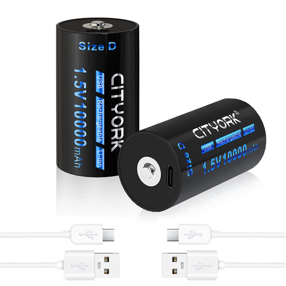 CITYORK 2 Pack 10000mAh USB Rechargeable D Cell Lithium Batteries USB Type C Port 1.5V Constant