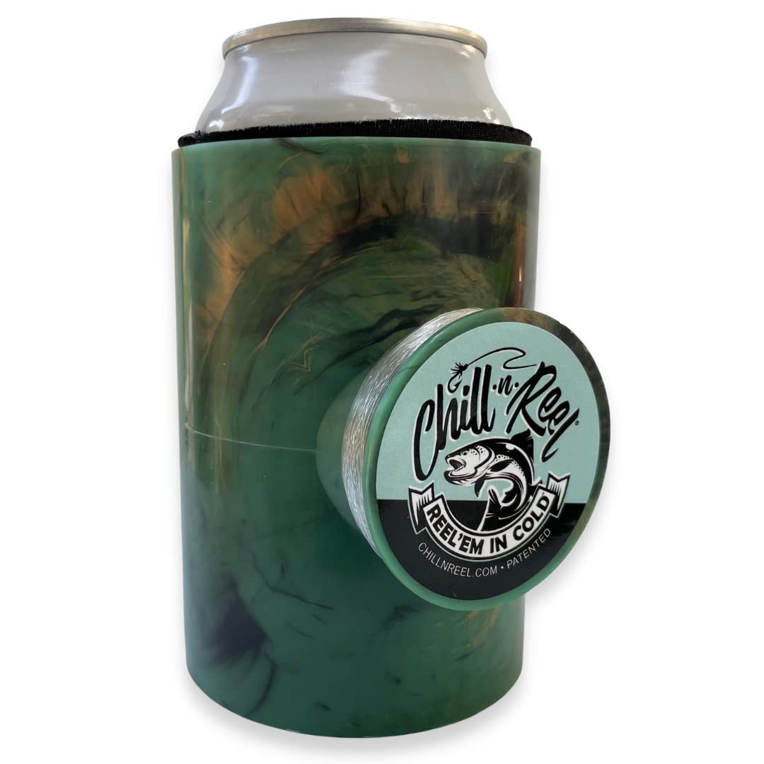 Chill-N-Reel Fishing Can Cooler with Hand Line Reel Attached, Hard Shell  Drink Holder Fits Any Standard Insulator Sleeve or Coozie
