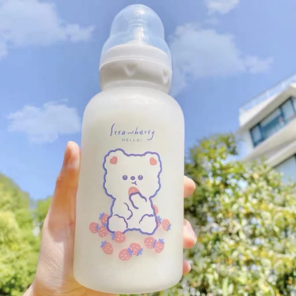 Strawberry Bear Glass Water Bottle with Nipple Sippy 11oz Kawaii