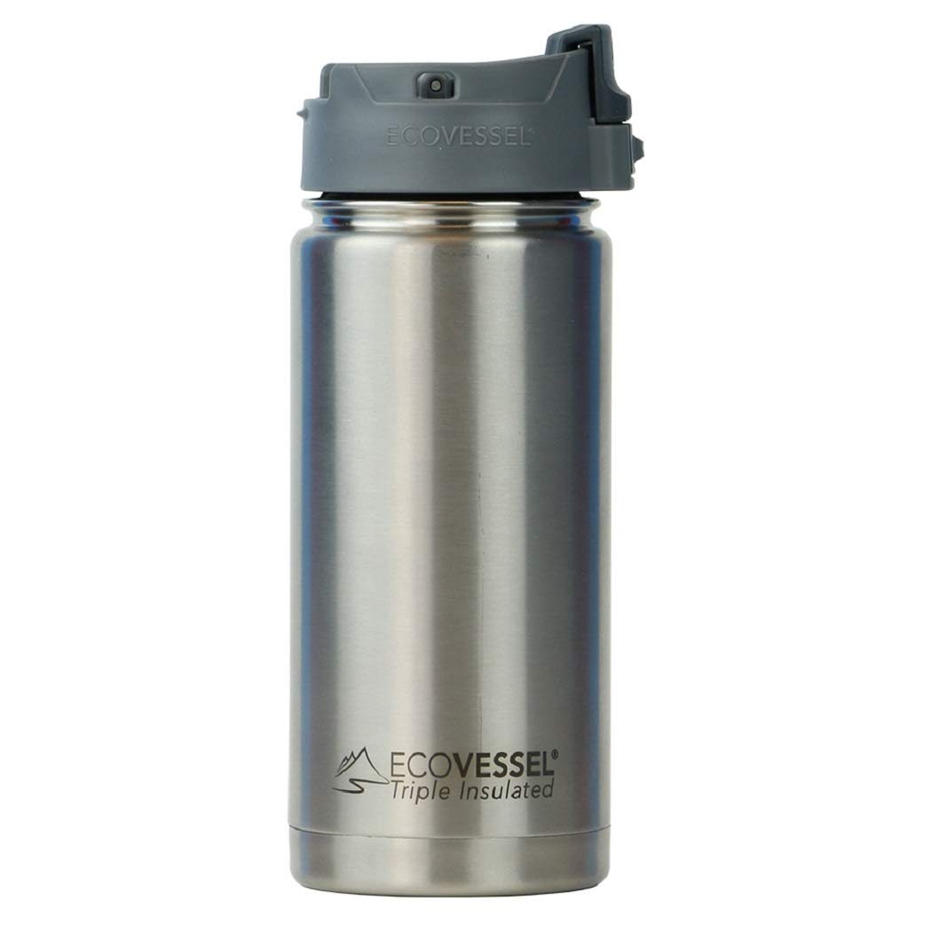 EcoVessel Perk Trimax Vacuum Insulated Stainless Steel Travel Bottle for Coffee & Tea with Push Button Locking Top - 16oz (White Out)