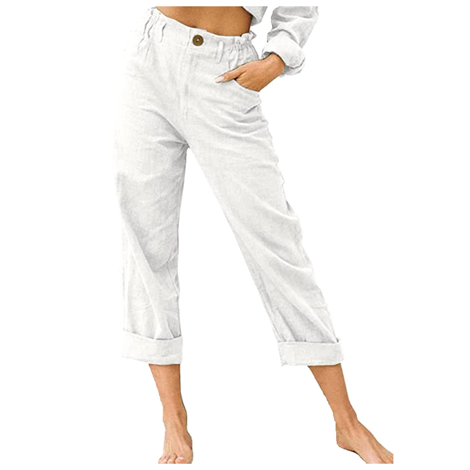 beshionljs Womens Cotton Linen Pants Elastic High Waist Capri Pants Summer  Stretch Lightweight Loose Comfy Golf Crop Pants White-05 XX-Large