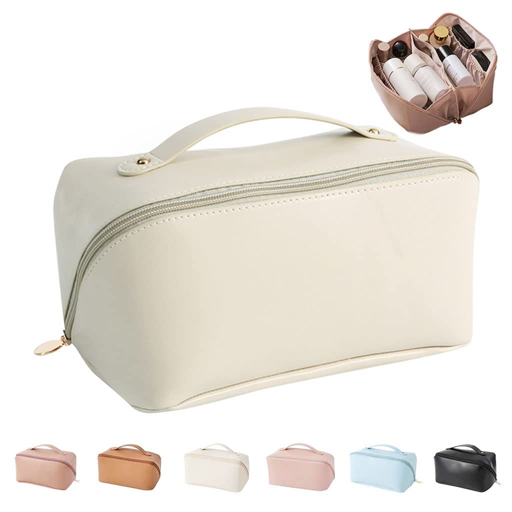 Large Capacity Travel Cosmetic Bag for Women,Travelling Opens Flat Makeup  Bag Leather Cosmetic Bag Waterproof