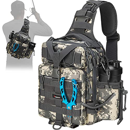 Piscifun Fishing Tackle Bag with Rod & Gear Holder Lightweight Sling Tackle  Storage Bag Outdoor Fishing Shoulder Pack for Fishing Hiking Hunting  Digital Camouflage Standard (11.8*8.3*4.0inch)