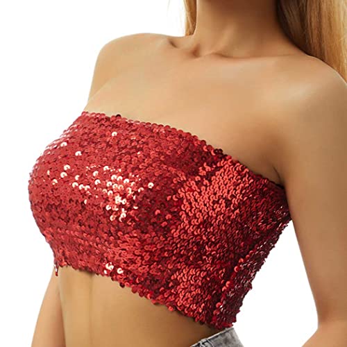 REETAN Sequins Halter Bra Tops Elastic Crop Top Party Belly Dance Tops  Fashion Rave Bra Costume for Women and Girls C-red