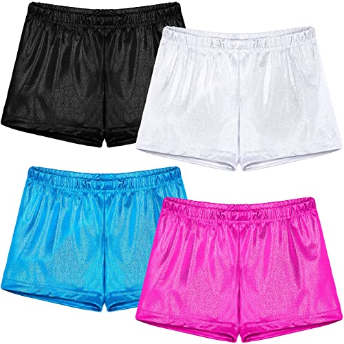 Resinta 4 Pieces Girls Gymnastic Shorts Metallic Spandex Shorts Glitter  Ballet Dance Shorts Girls' Sparkle Dance