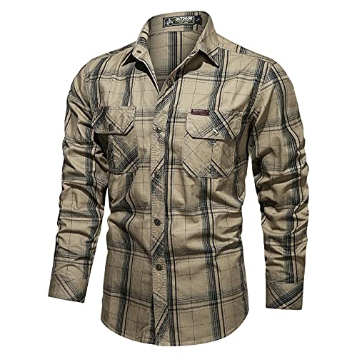 Men's Long Sleeve Outdoor Cotton Washed Shirt Military Style Plus Sizes  Shirts Graphic T Shirt Men Khaki XX-Large