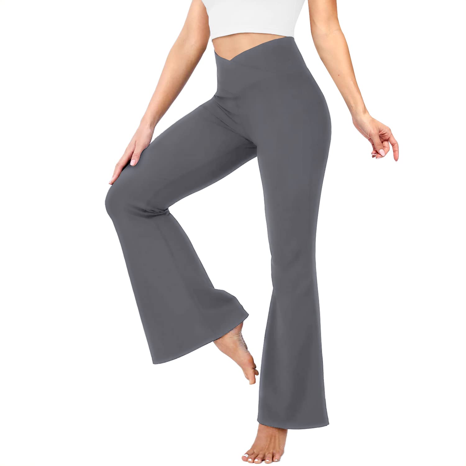 YOLIX Black Flare Yoga Pants for Women, Crossover Bootcut High Waisted  Leggings No Pocket Medium Dark Grey