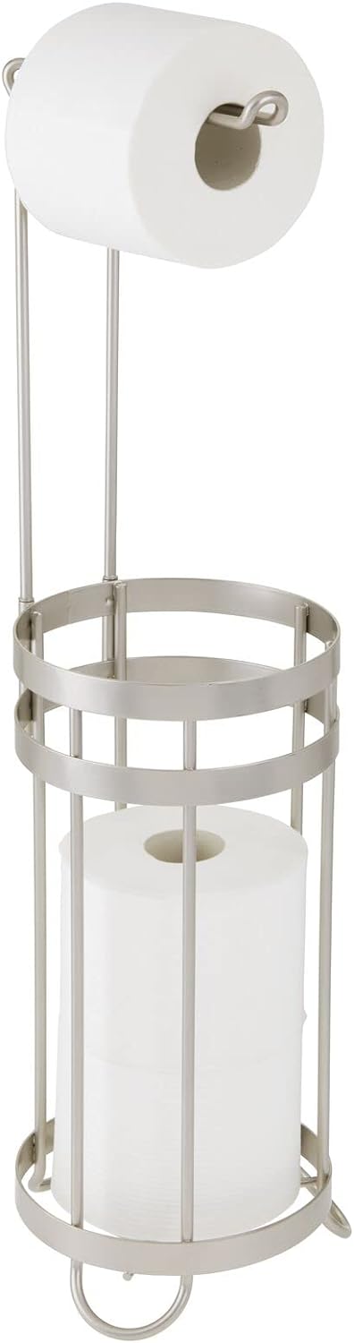 mDesign Metal Free Standing Toilet Paper Holder Stand and Dispenser, with  Storage for 3 Spare Rolls - for Bathrooms/Powder Rooms - Holds Mega Rolls -  Satin