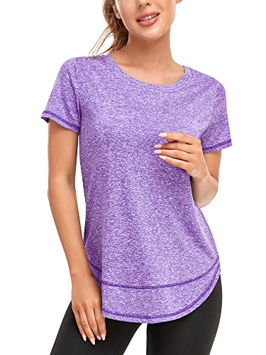 Abrooical Women's Short Sleeve Workout Shirts Crewneck Sports Yoga Running  Dry Fit Tops Side Split Tee Large Purple