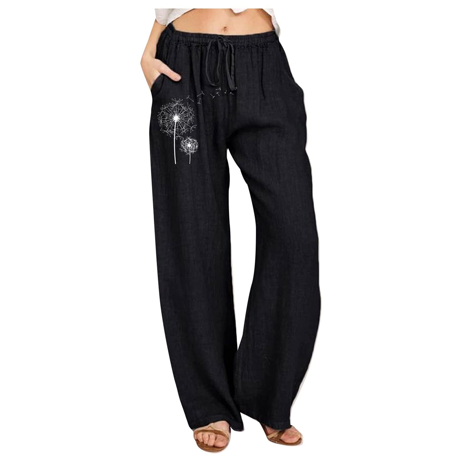 CTRLZS Women's Cotton Linen Palazzo Pants Summer Drawstring High Waist Plus  Size Casual Loose Wide Leg Beach Trousers Pockets B-black X-Large