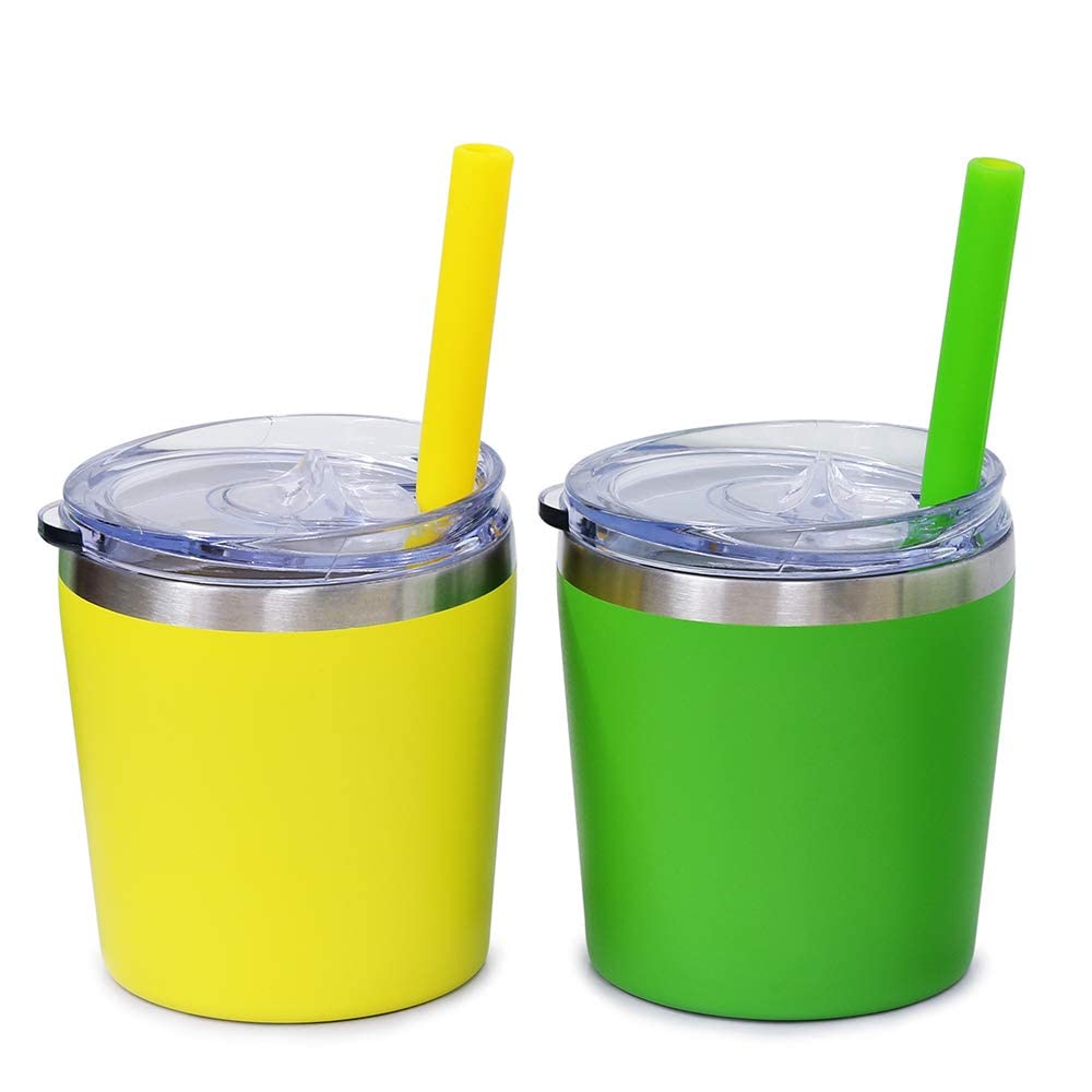 Colorful PoPo Cute Small Stainless Steel Mom and Kids Tumbler Stackable  Toddler Smoothie Cup with Lid and Silicone Straws Set of 2 (Green Yellow 8  OZ) Green Yellow 8.0 Fluid Ounces