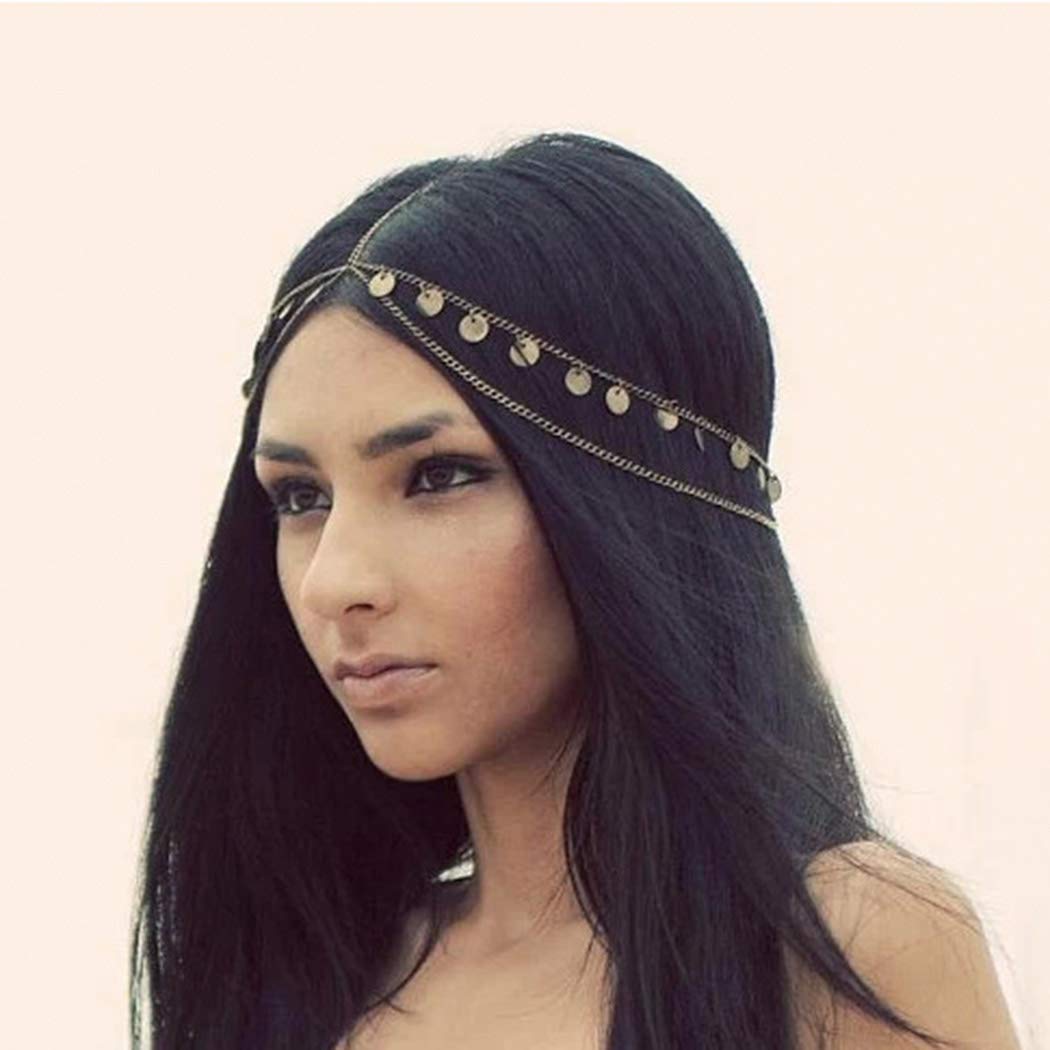 Catery Head Chain Jewelry Gold Sequins Bohemian Hair Chain Gypsy Headpiece  Head Dress Hair Accessories for Women and Girls
