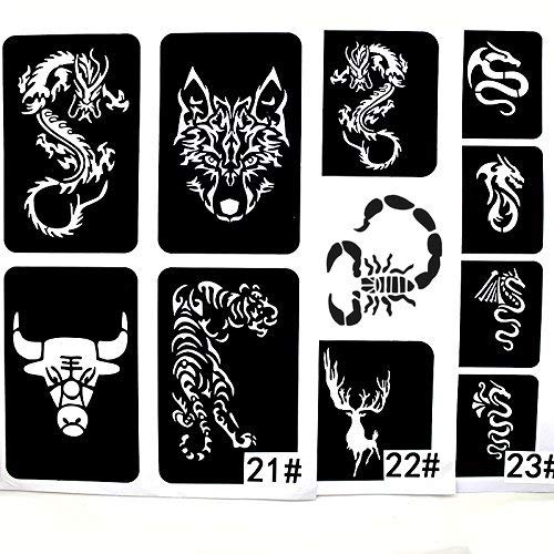 Xmasir 3 Sheet 22Pcs Cool Drawing Glitter Tattoo Stencil for Men Wolf  Dragon Tiger Skull Animal