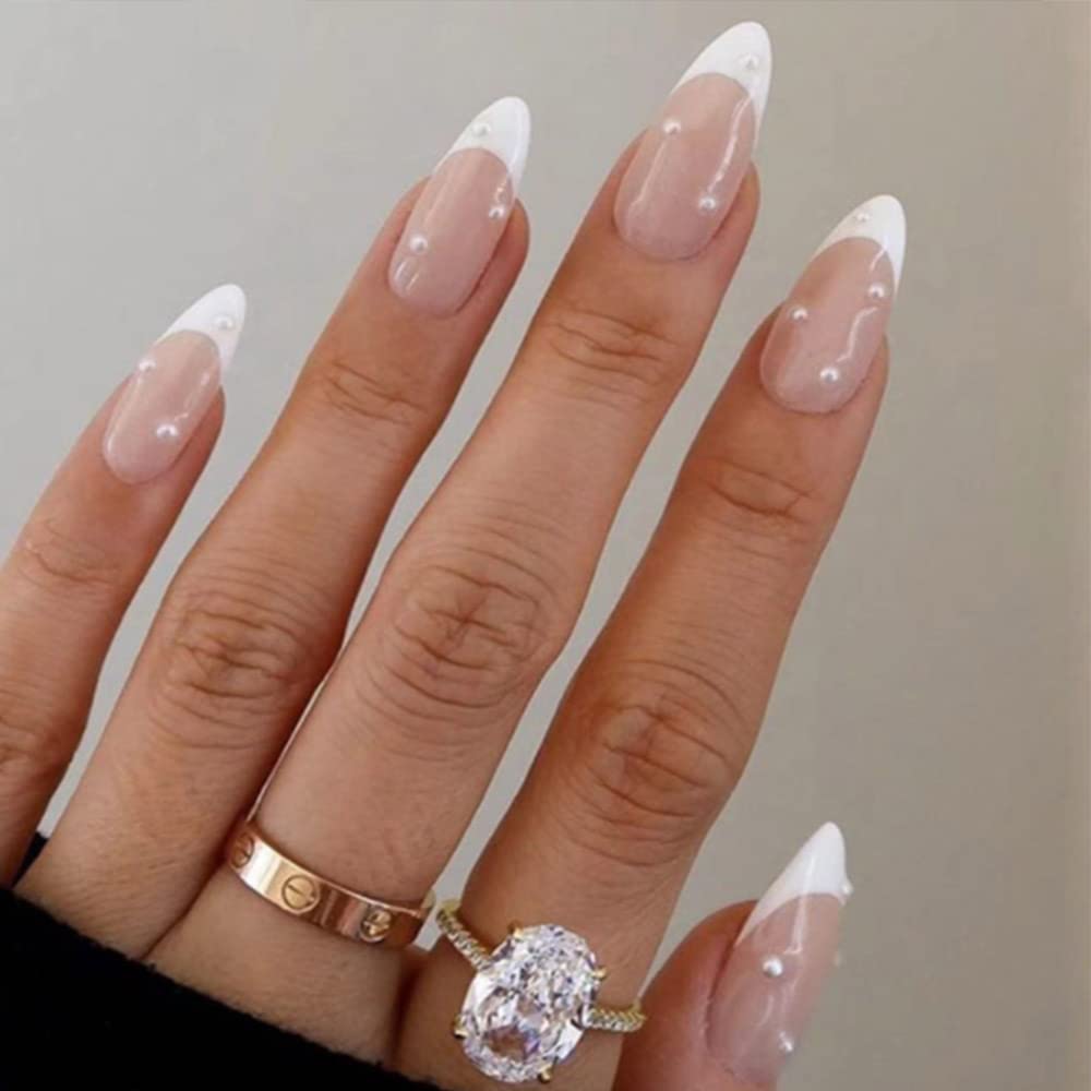 YoYoee Almond Fake Nails Cute White Press on Nails Tips French Short False  Nails Pearl Full