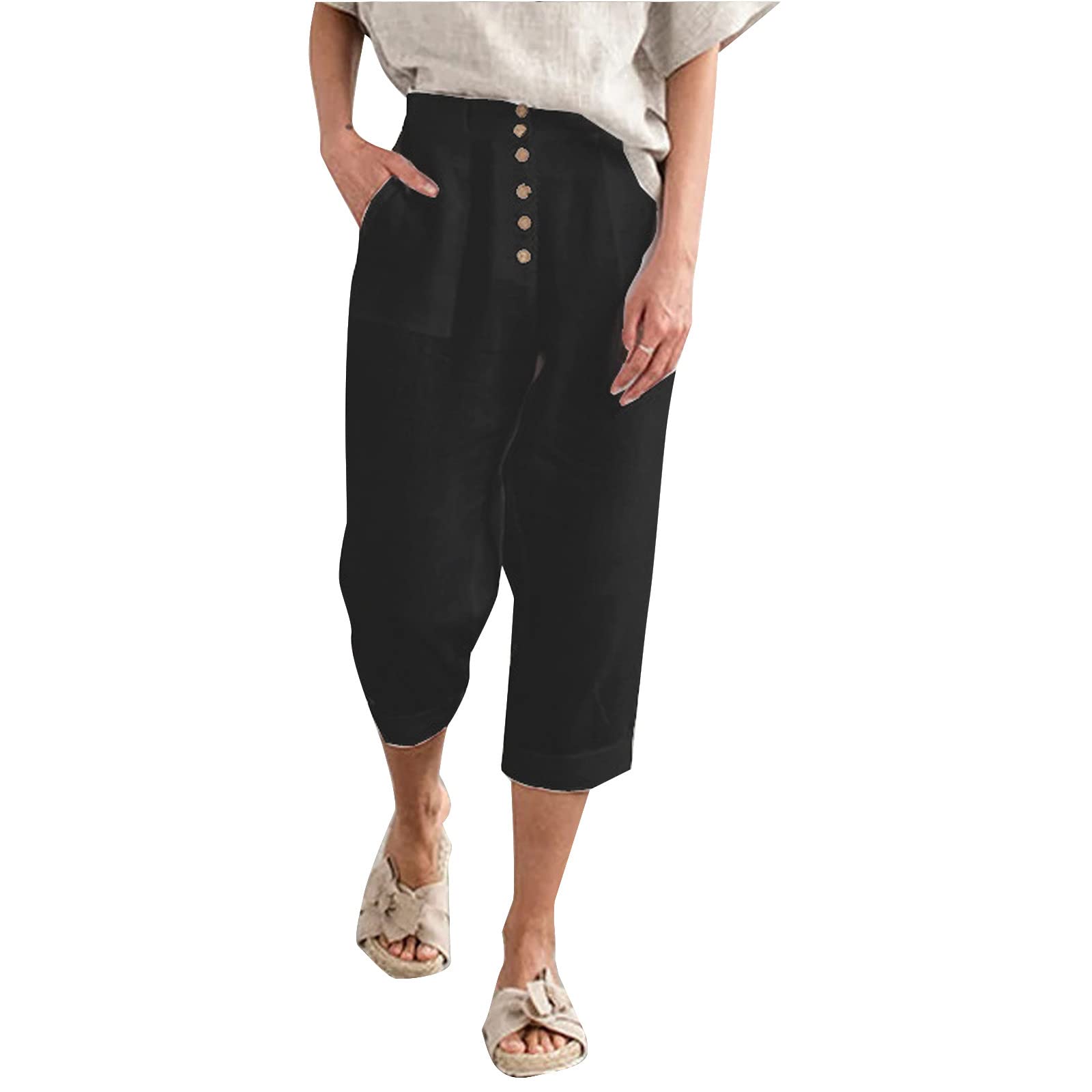 Summer Pants for Women 2023 Trendy High Waist Wide Leg Linen Capri Pant  Loose Comfy Capris Trousers with Pockets