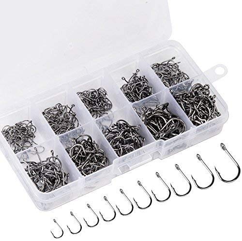 500PCS Premium Fishhooks, 10 Sizes Reemoo Carbon Steel Fishing Hooks  W/Portable Plastic Box, Strong Sharp Fish Hook with Barbs for Freshwater /Seawater