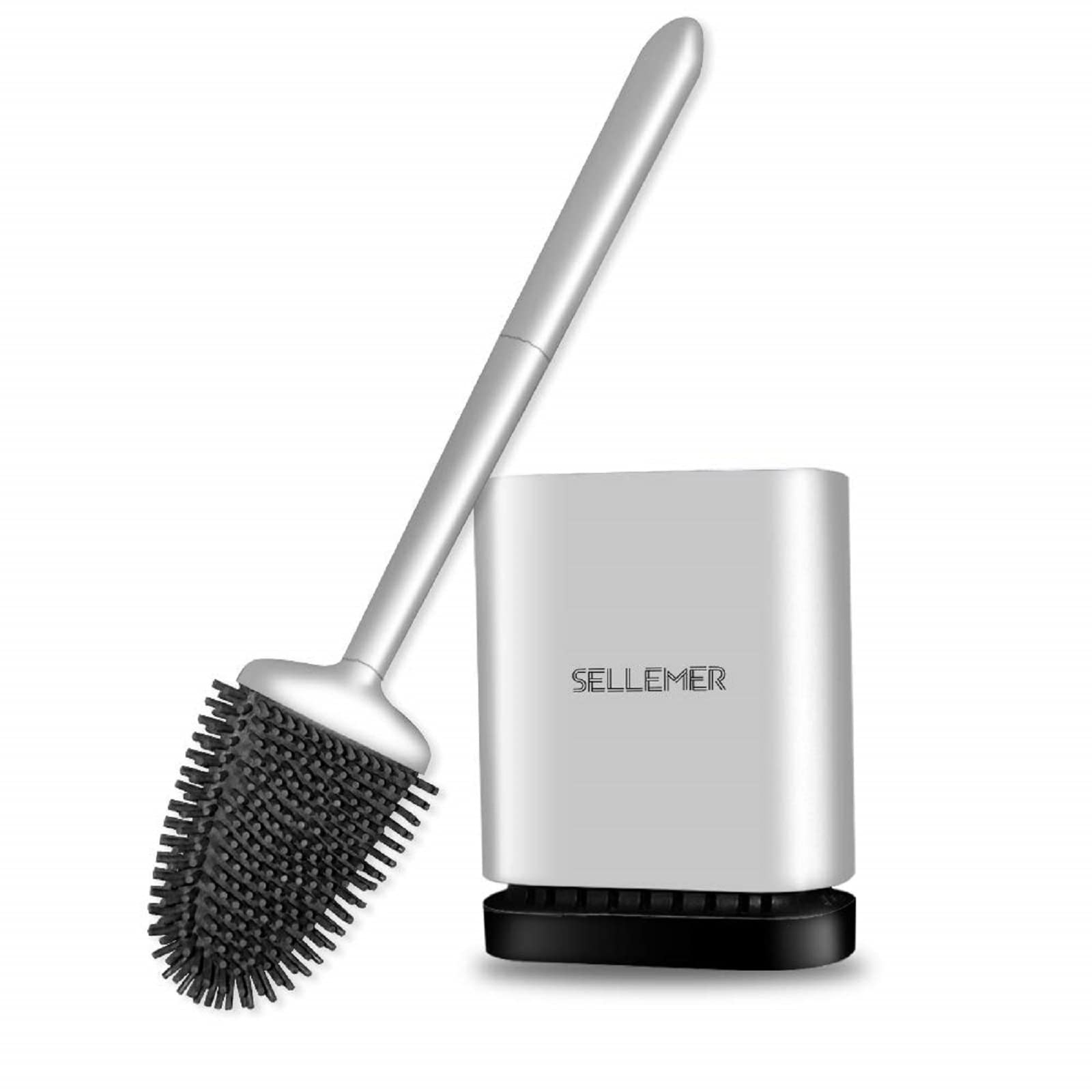 Sellemer Toilet Brush and Holder Set for Bathroom Flexible Toilet Bowl Brush  Head with Silicone Bristles Compact Size for Storage and Organization  Ventilation Slots Base (Silver) Silver 1 PACK