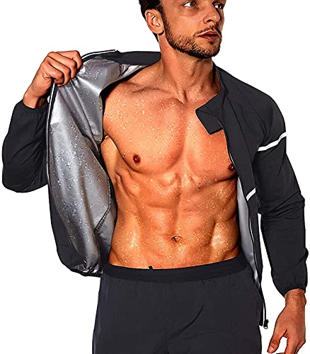 NINGMI Sauna Suit for Men Sweat - Long Sleeve Shirt Jacket Workout Body  Shaper Zipper Top Slimming Fitness Trainer Gym Black Large