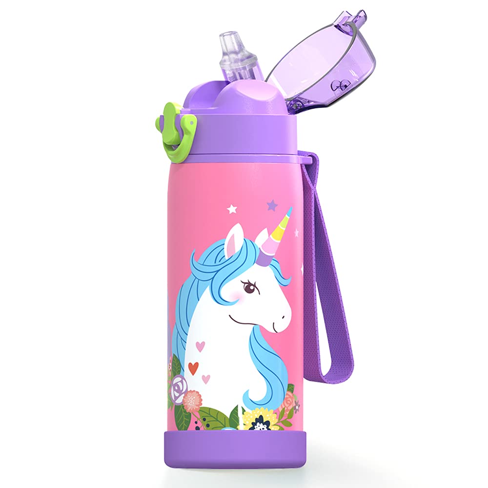16 oz Insulated Water Bottle with Straw for Kids Durable Stainless Steel &  Leak Proof One Click Open Soft Sipper & Protective Silicone Boot (Unicorn)