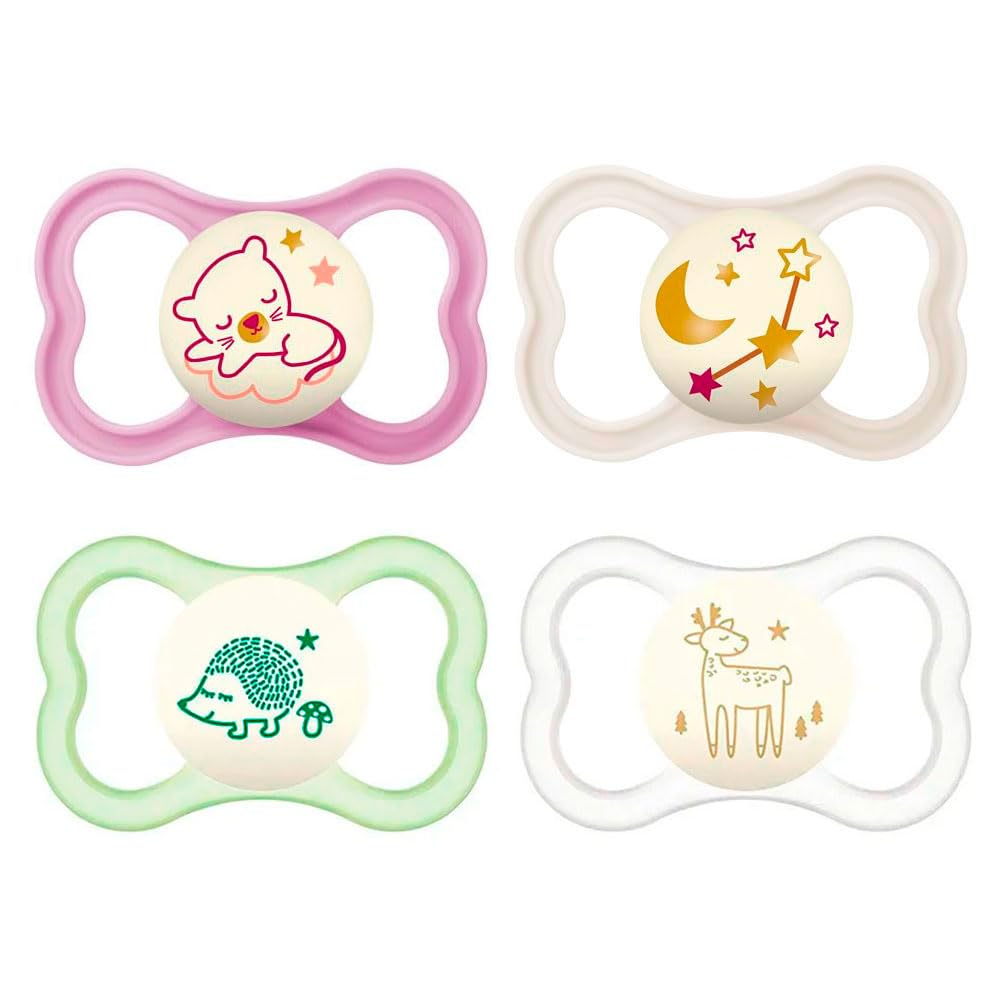 MAM Air Night Girl Mix – Set 4 Ciucci In Silicone 6-16 Mesi, Fotoluminescenti Con 2 Scatole Porta Ciuccio Sterilizzanti