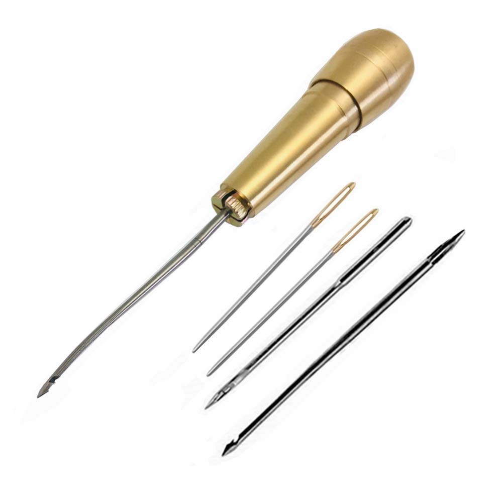  Co-link 4 Needles Copper Handle Sewing Awl Hand Stitcher Shoe  Repair Tool for DIY Sewing Repairing Canvas Leather (Gold)