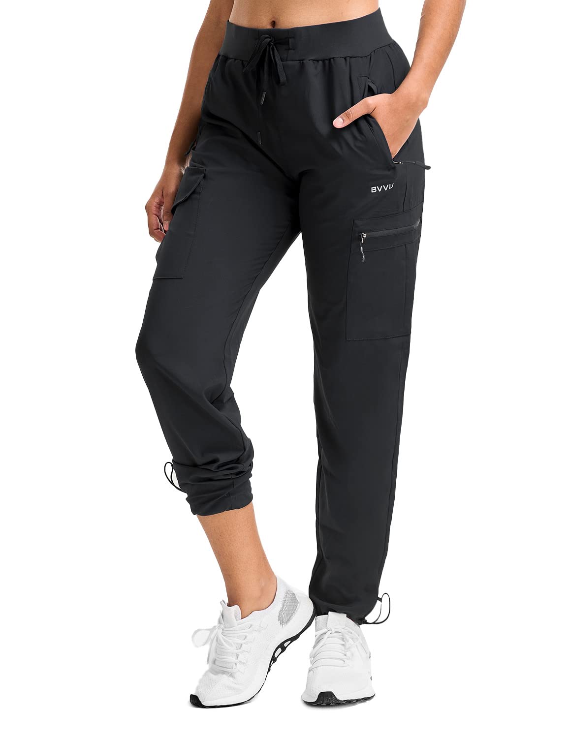BVVU Women's Cargo Joggers Lightweight Quick Dry Hiking Pants Outdoor  Waterproof Athletic Workout Pants with Zipper Pockets Black Medium