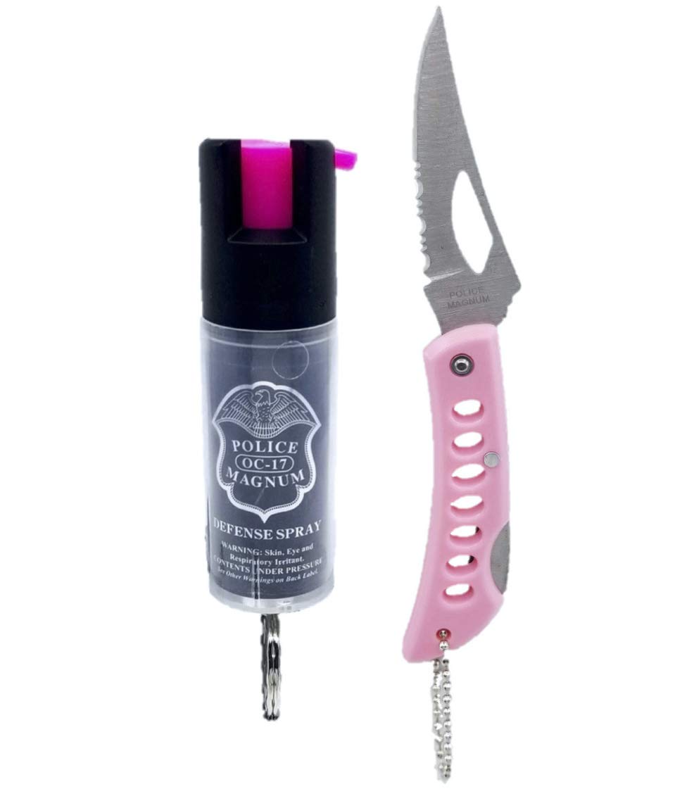 Police Magnum Mini Pepper Spray Self Defense Safety Tool- Tactical Strong  Built-in Keyring Holder- Maximum Heat Strength OC- Made in The USA 1/2oz  PINK POCKET KNIFE &CLEAR SLEEVE