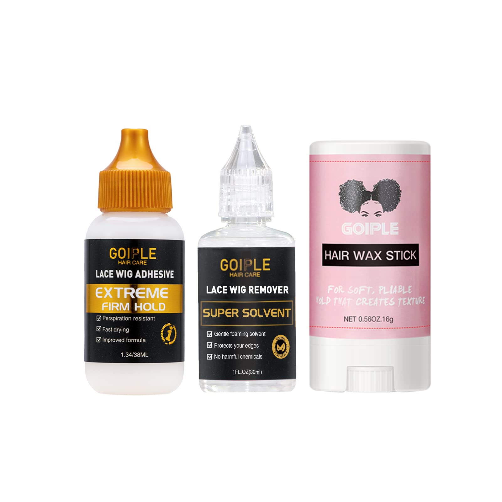Goiple Wig Glue 1.34fl oz, Waterproof Lace Front Wig Glue for Wigs with  Tools and Hair Wax Stick, Wig Glue*1/ Wig Glue Remover*1/ Hair Wax Stick*1