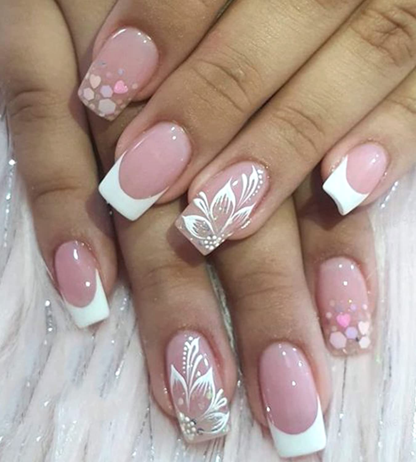 Pink & White Nails Design With Rhinestones Press on Nails Pink and White  Press on Nails Heart Design 