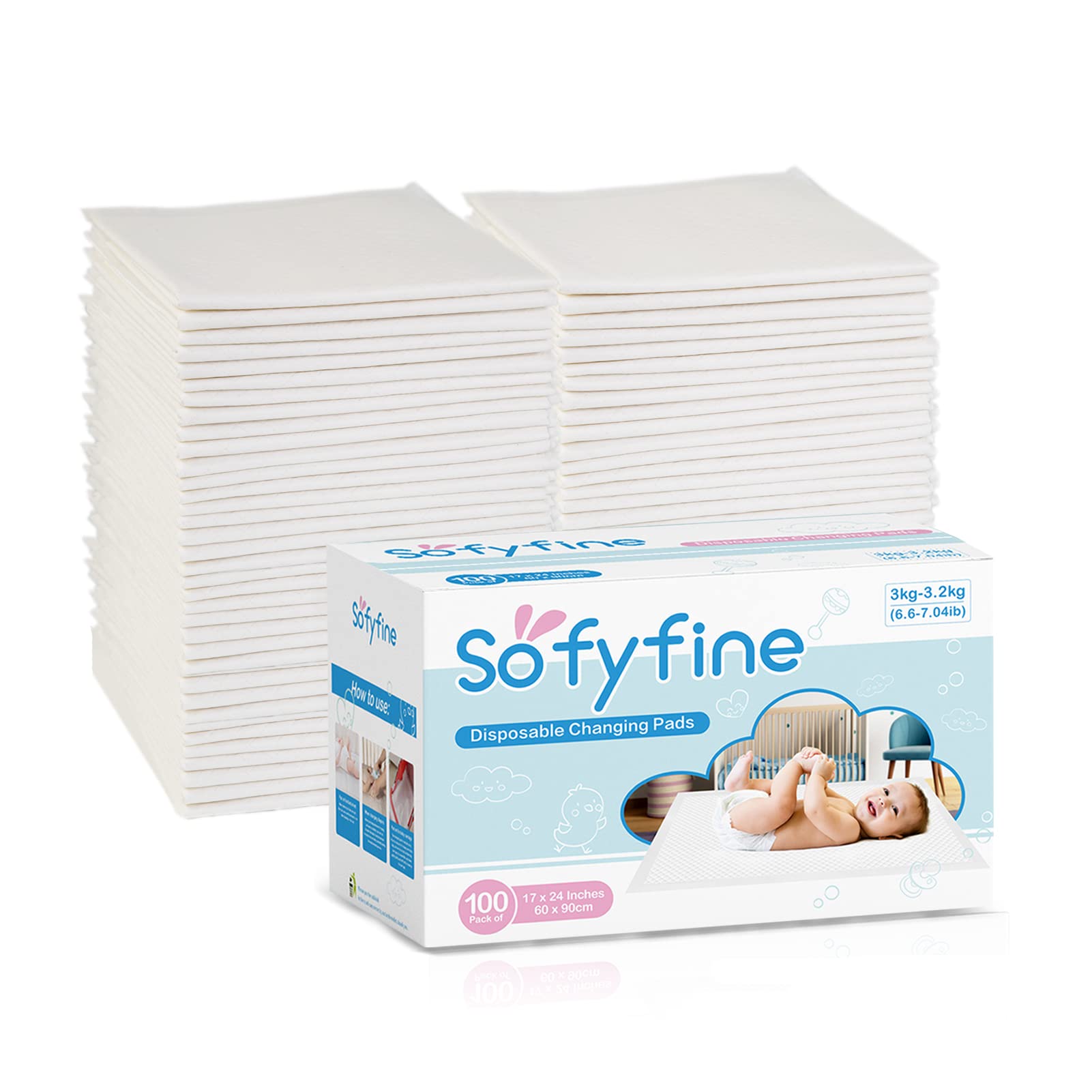SOFYFINE (100 Count) Disposable Changing Pads for Baby, Waterproof Bed Pads,  Underpads for Changing Table, Newborn Diaper Pad Liners, Toddler Pee Pad,  24 x 17 Inches, White 100 Count (Pack of 1)