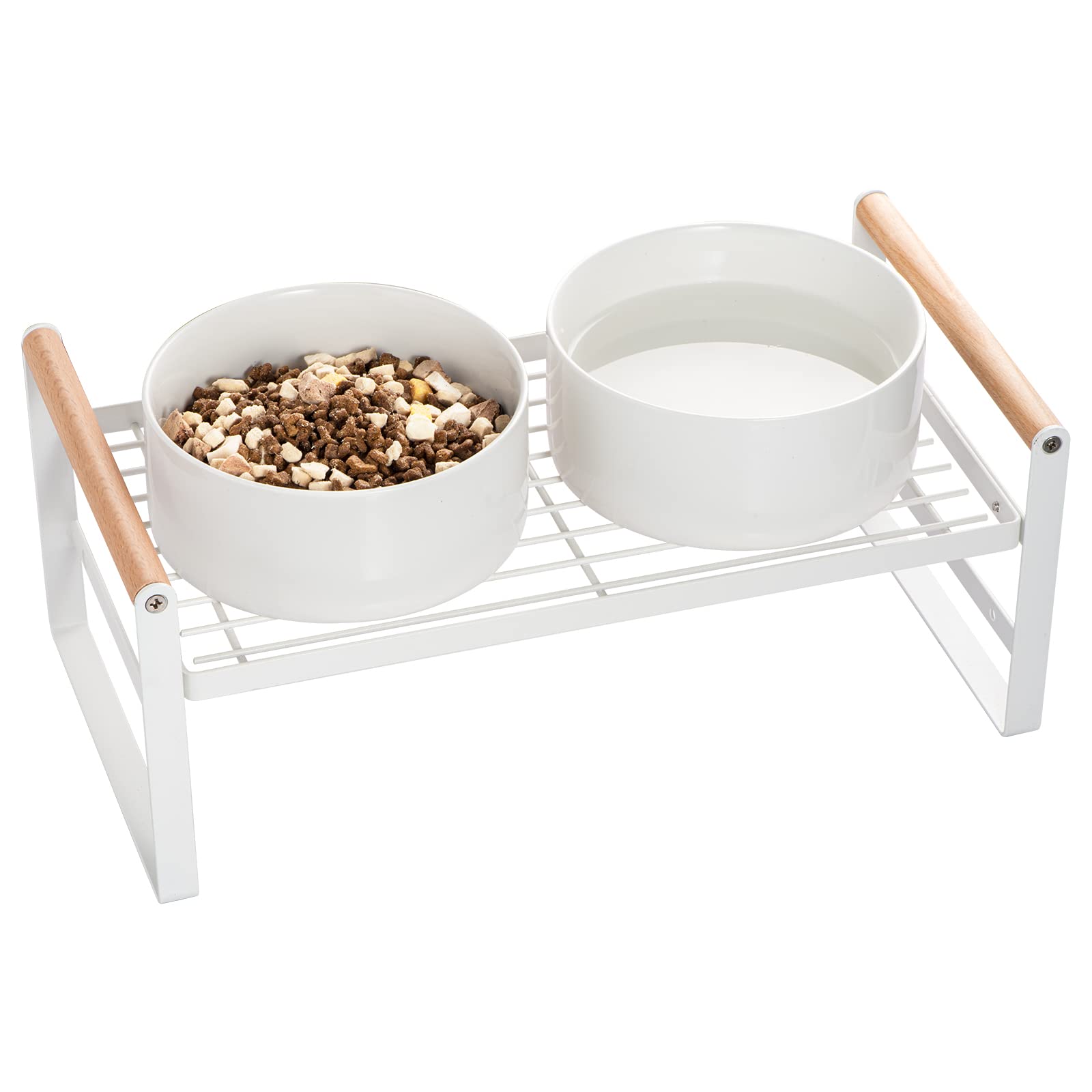 Elevated dog bowl stand with storage shelves 2 bowls included