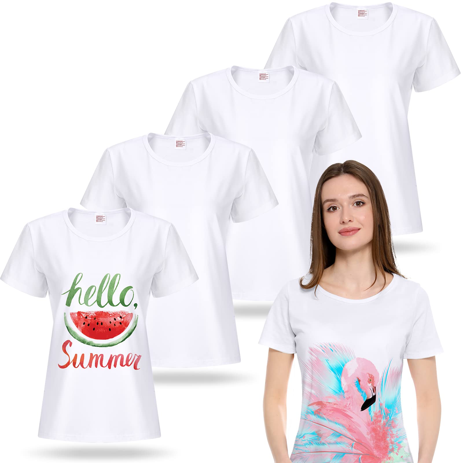 5 Pieces Women Sublimation Blank T-Shirt Basic White Polyester Shirts  Sublimation Short Sleeve T-Shirt for Women (Medium)