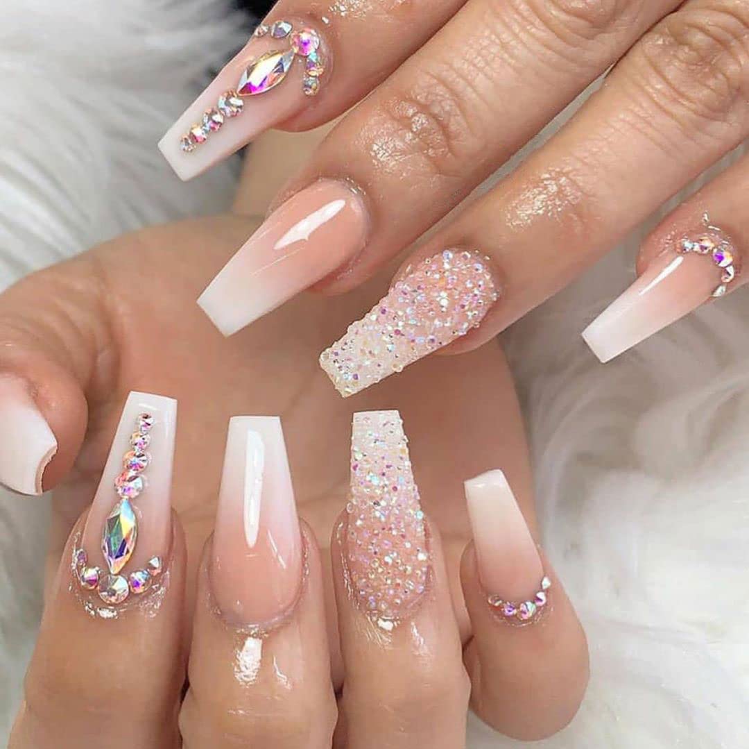24Pcs Medium Coffin Press on Nails Gradient Pink Fake Nails with Rhinestone  Designs Full Cover Silver Glitter Acrylic Glue on Nails Summer Nail Art