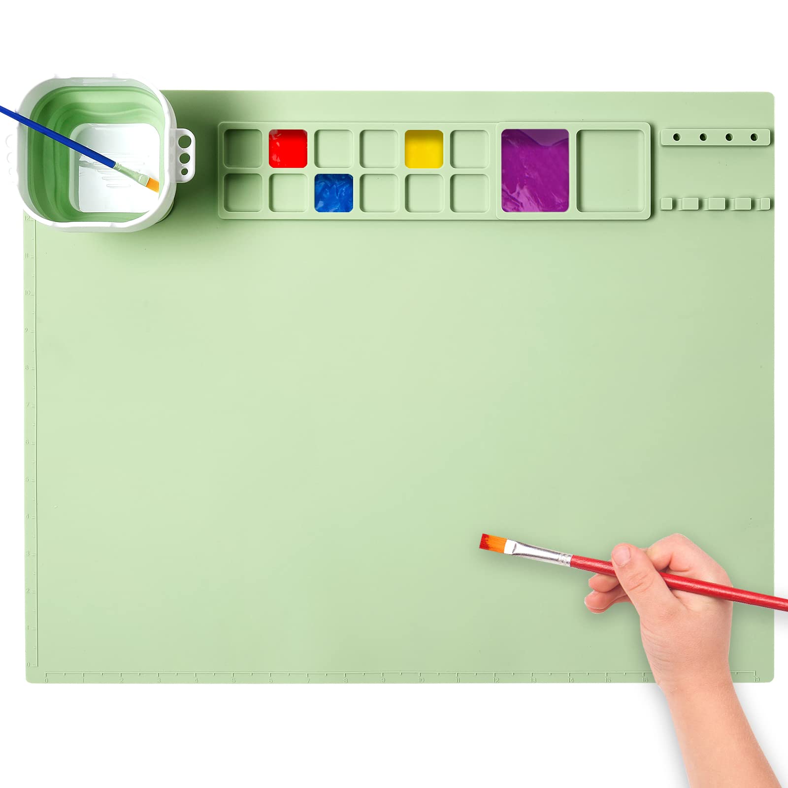 AWOKE Silicone Painting Mat - 20X16 Silicone Art Mat with 1 Water Cup for  Kids - Silcone Craft Mat has12 Color Dividers - 2 Paint Dividers (Green)  Green 20X16