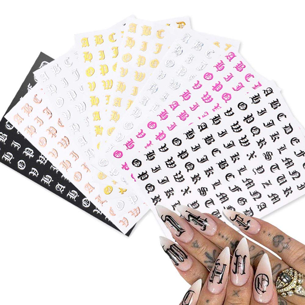 Letter Nail Art Stickers Alphabet Nail Decals 3D Nail Supplies Holographic  Old English Character Nail Self-Adhesive Sticker English Font Design  Manicure Decorations Accessories 8 Colors : Amazon.in: Beauty