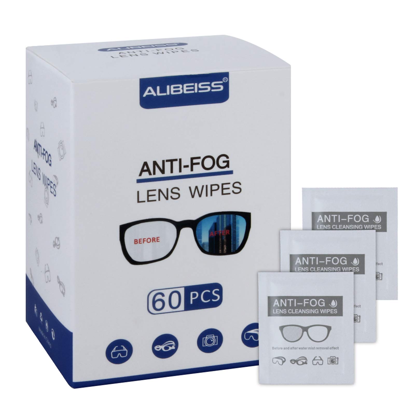 Alibeiss Anti-Fog Lens Wipes Pre-Moistened Anti-Fog Wipes 6 x 5 for Eye Glasses (60 Pack)