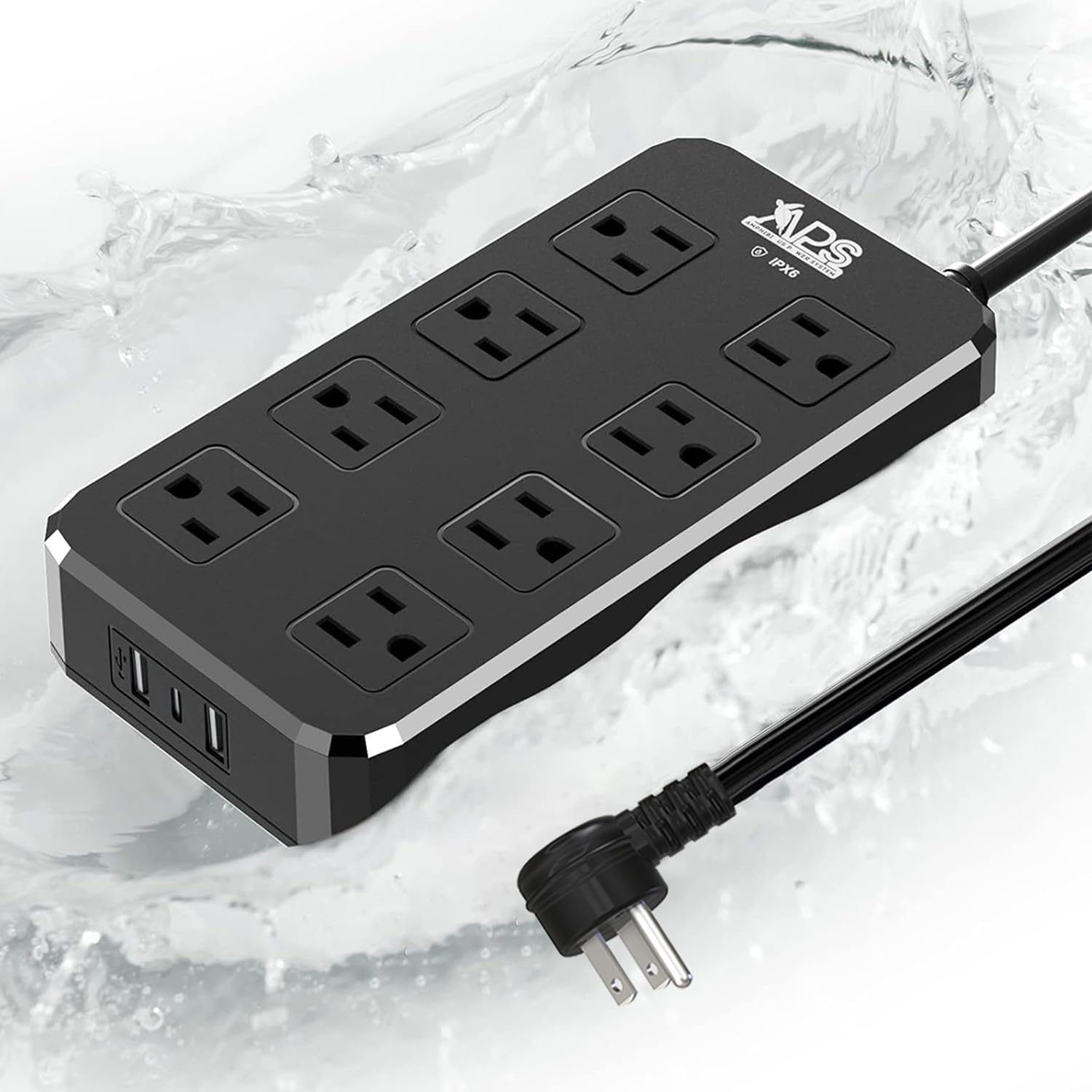 8-Outlet 6FT Extension Cord Outdoor Power Strip with 3 USB(1 USBC)  Waterproof Port All-Weatherproof with Switch and 1875W Overload Protection.  Ideal for Outdoor Lights. UL Listed Black 6FT 8 Outlets (6FT) Black