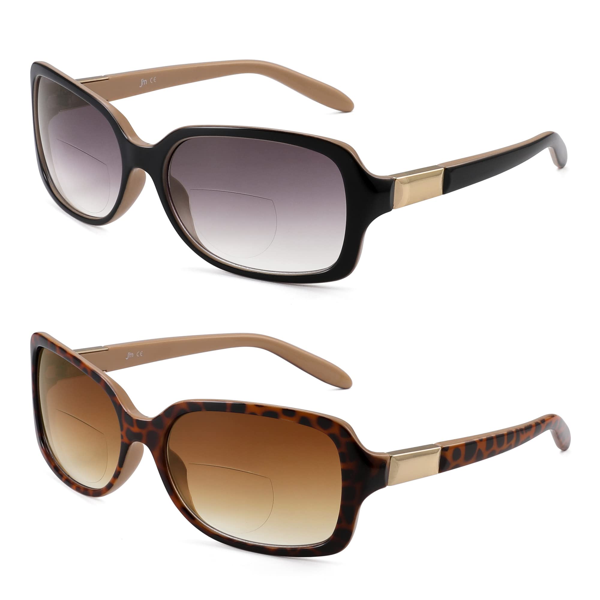 JM 2 Pack Classic Bifocal Reading Glasses Square Stylish Gradient Sunglasses  Readers for Women + Black & Tortoise  x