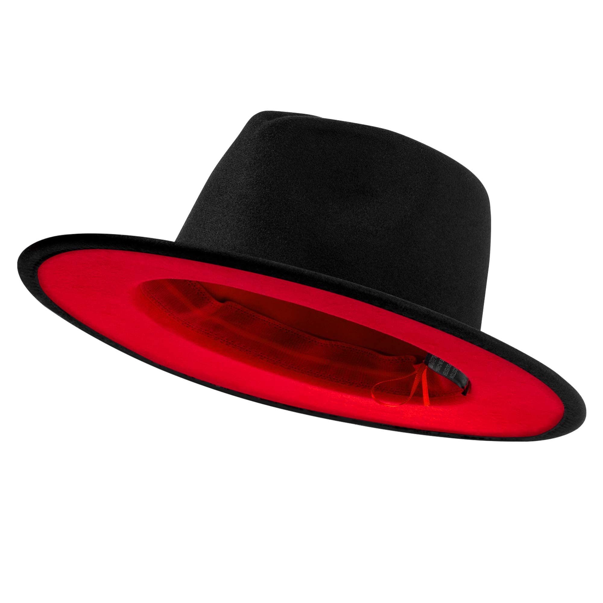 jingsha Fedora Hats for Men & Women Wide Brim Felt Panama Hat Men's Dress  Hats with Belt Buckle Black-red(inside) Large