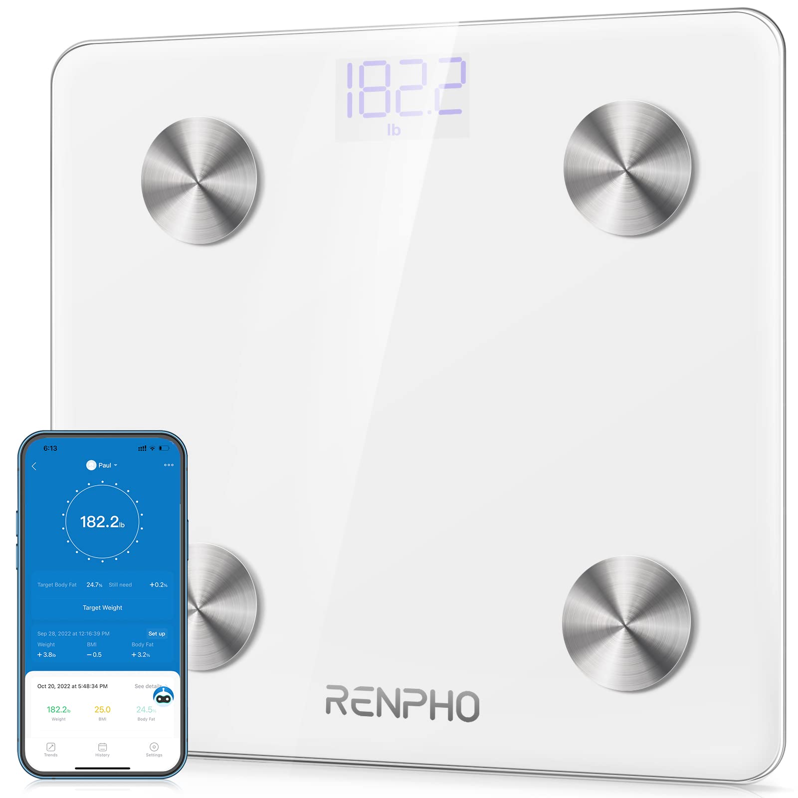RENPHO Digital Scale for Body Weight and Fat, Smart Scale BMI Bathroom  Weight Scales for People, Body Fat Scale with Body Composition Monitor, 400  lbs White 11x 11