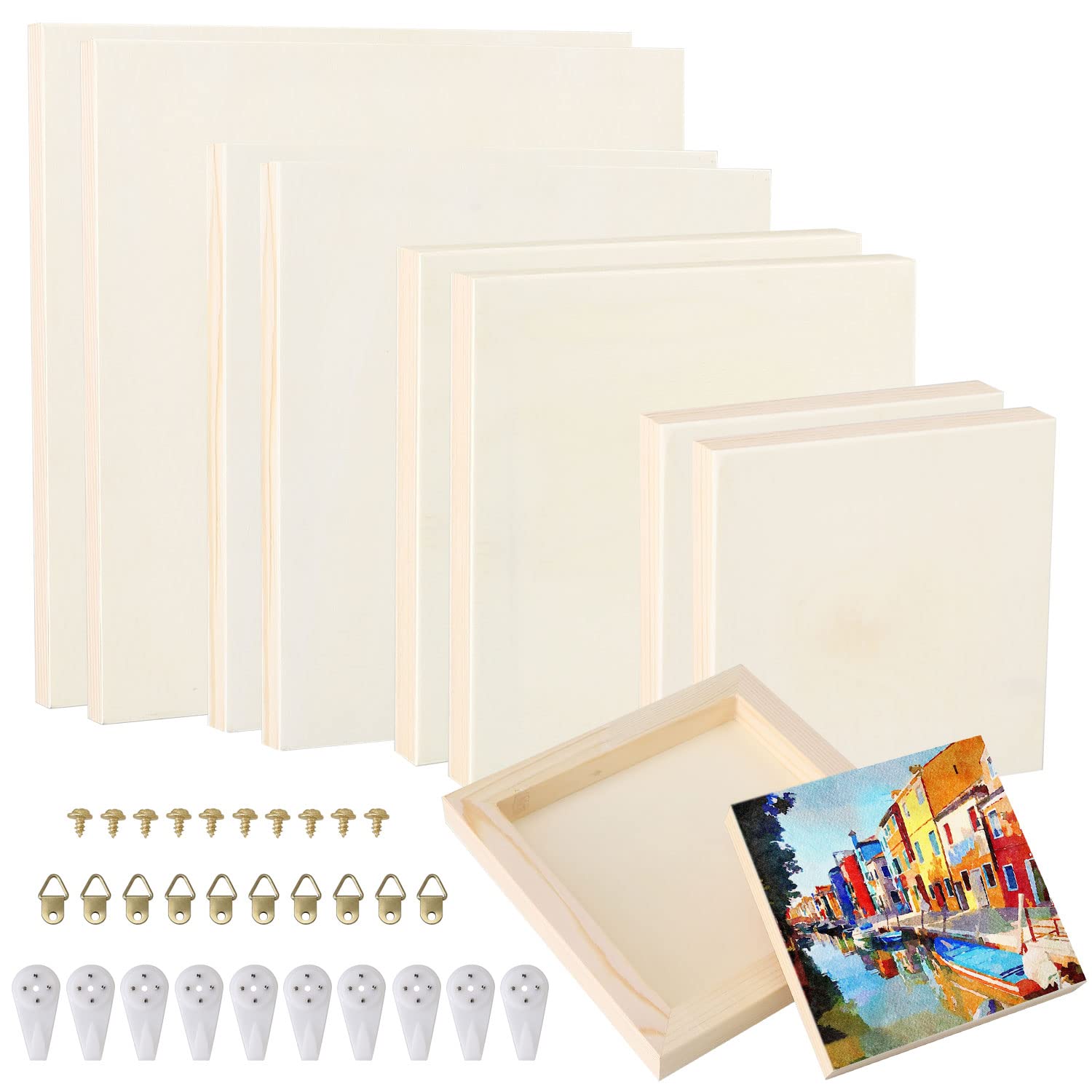 8pcs 4 Sizes Wood Canvas Panel Unfinished Blank Wood Boards Wooden Cradled  Gallery Wall Canvases for Painting Color Pouring Burning Encaustic Art  Crafts Paint Wood Hangers with Invisible Hanging Nails 4-10 inch