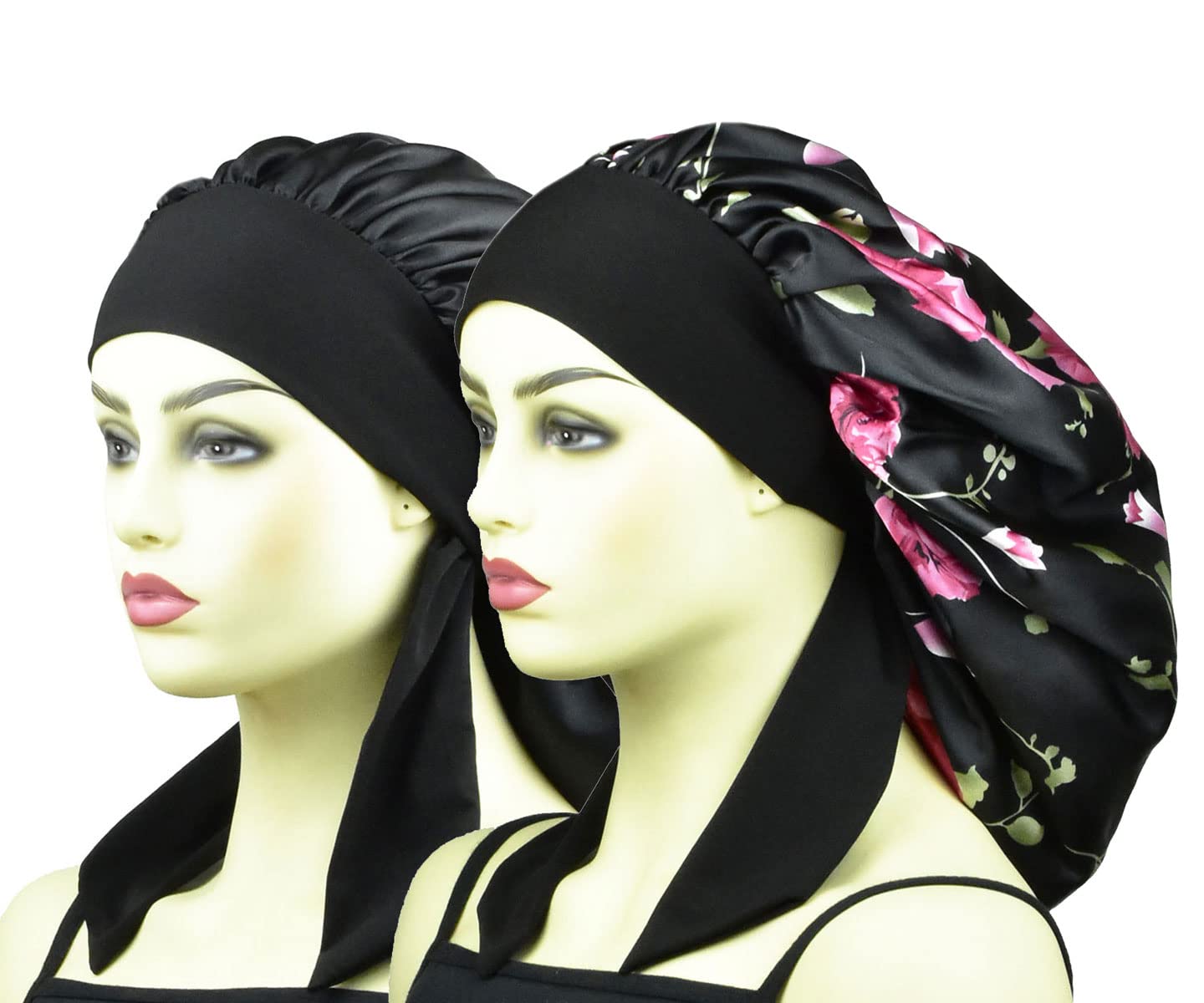 Silk Satin Hair Bonnets for Braids Long Curly Hair Cover Women XL Large  Night Sleeping Cap Silk Bonnet with Elastic Tie Band Black+rose