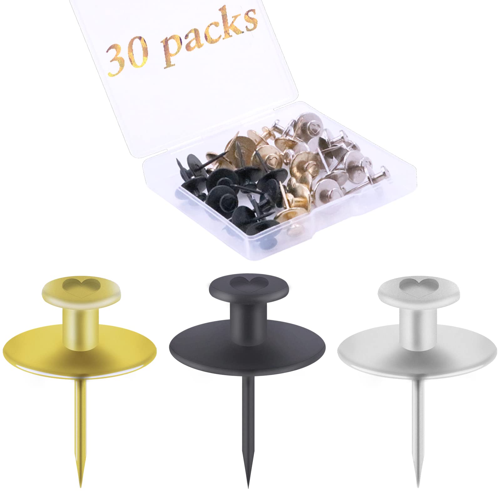 30 PCS Push Pins Picture Hanger Hooks, Double Headed Nails Push Pin  Thumbtacks for Wall Hangings Picture, Decorative Small Hook Pins for  Drywall Cork Board Home Office Photo Decorations Gold, Silver, Black
