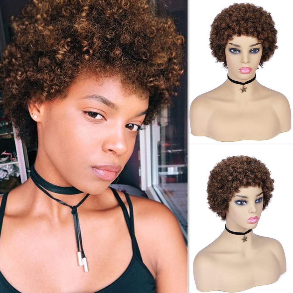 WIGER Afro Kinky Curly Wig Human Hair for Black Women Short Medium Brown  Afro Wigs Curly
