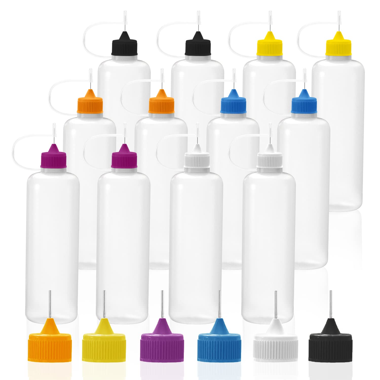 MYYZMY 12 Pcs Precision Tip Applicator Bottles, 6 Pcs 1 Ounce and 6 Pcs 0.5  Ounce Translucent Glue Bottles, with 2 Mini Funnel, Multicolor Lids