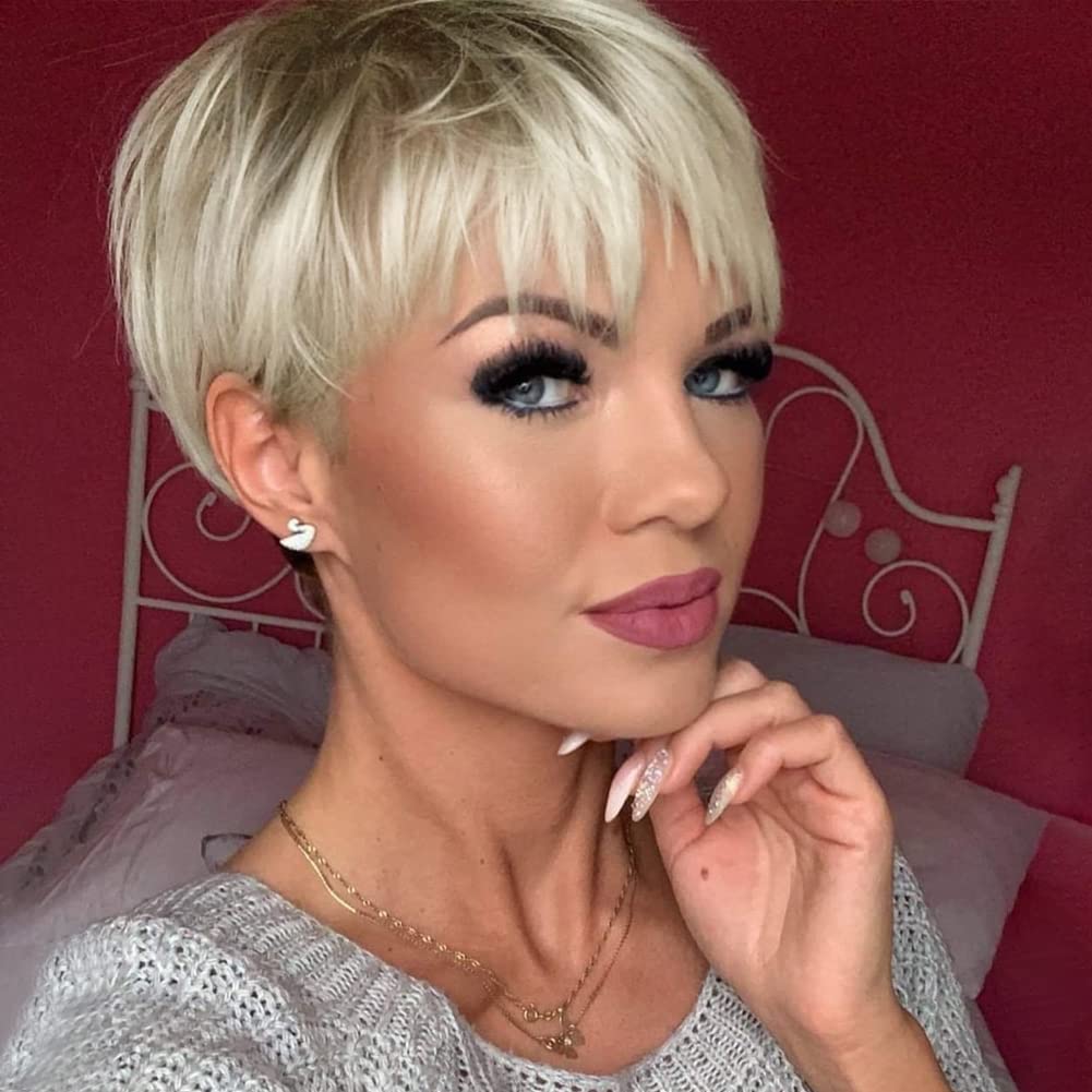 MIMAN Short Platinum Blonde Pixie Cut Wig Fluffy Short Hair Wigs with Bangs  Dark Color Roots